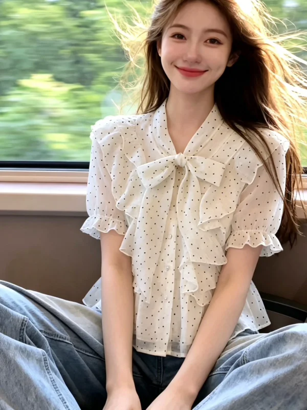

Summer New Gentle Style Women's Loose Short Sleeve Chiffon Top with Bow-Knot Tie Korean Version Breathable Comfortable Polyes...