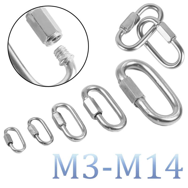 M3-M14 304 Stainless Steel Oval Locking Carabiner Clip, Quick Links, Rope Connector for Trailer, Swing, Hammocks, Cable, Camping