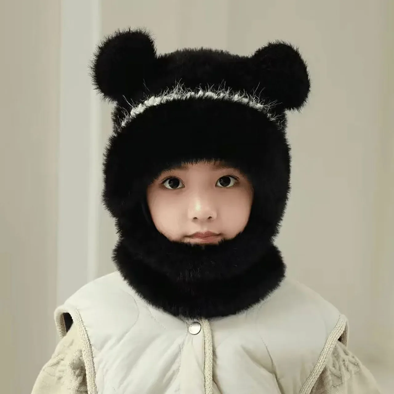 

Зимний детский плюшевый шарф, шапка, теплая вязаная шапка-бини с защитой ушей, От 2 до 10 лет, цельная шапка-балаклава для мальчиков и девочек
