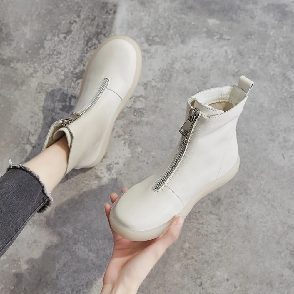 Short Boots Women\'s New Autumn Winter Cow Tendon Soft Soled Women\'s Boots Casual High Top Women\'s Shoes Front Zipper Boots