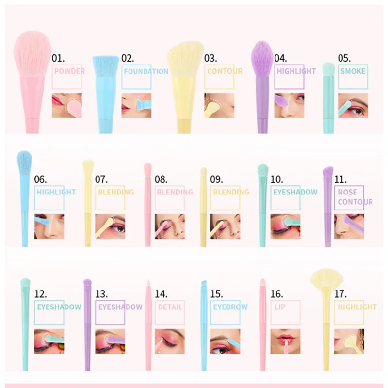 17PCS Macaron Color Makeup Brushes Set Rainbow Cosmetic Brush Kit with Gift Box, Complete Face & Eye Brushes Collection