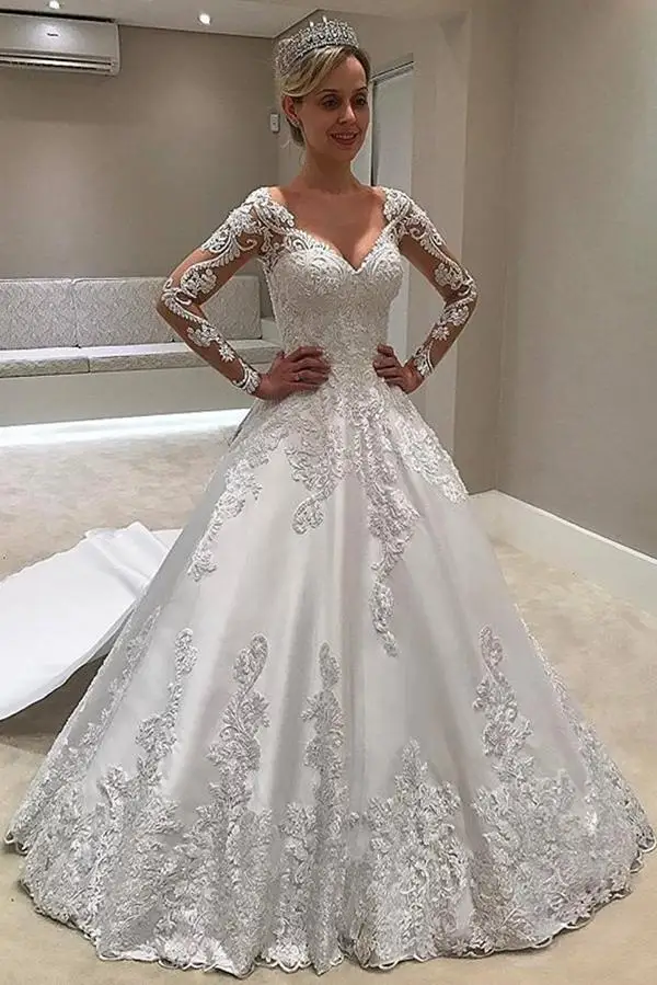 الدانتيل فساتين الزفاف a خط v الرقبة طويلة الأكمام تول زين بوهو فستان الزفاف الزفاف Vestido De Noiva