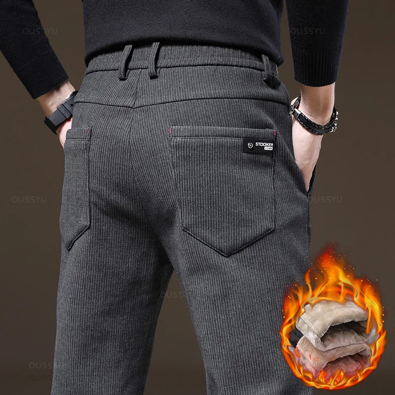 

High Quality Winter Fleece Casual Pants Men Cotton Stretch Warm Velvet Fashion Business Black Gray Thick Trousers Male Brand