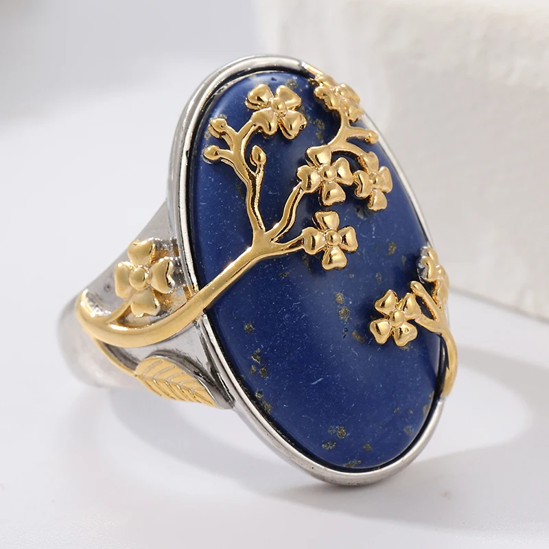 Vintage-Ring für Damen mit eingelegtem blauen Stein, ethnische Silberfarbe, handgeschnitzte Blume, für den täglichen Gebrauch, Party-Schmuck, Jahrestagsgeschenk – Detail 2