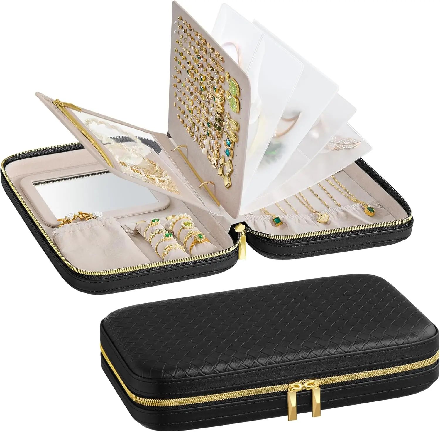 

Дорожный футляр для украшений, органайзер для ювелирных изделий с зеркалом, чехол для украшений, тканый тисненый искусственный кожаный материал, жесткий корпус, большая вместимость