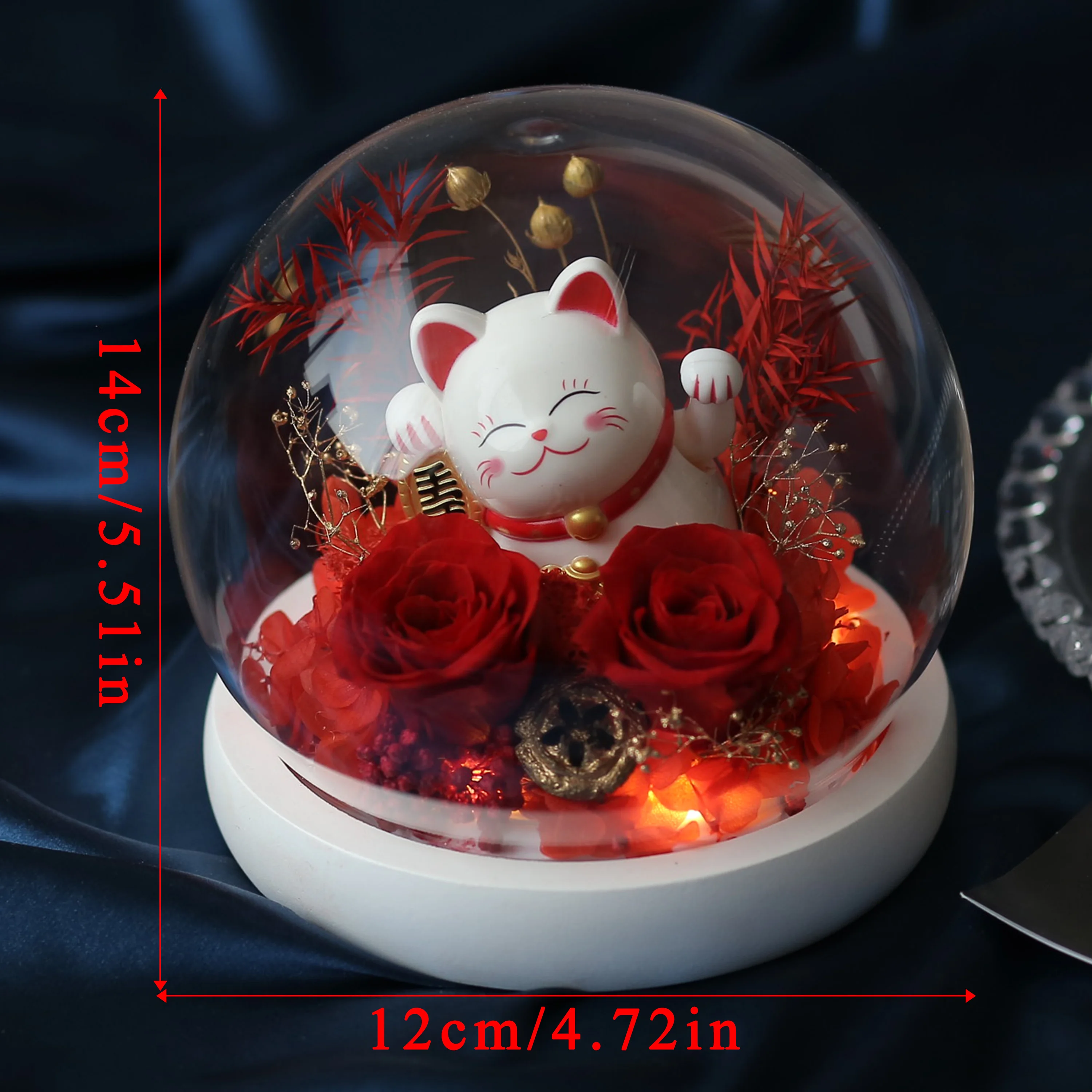 Eternal Flower Lucky Cat in a Glass Dome,Real Preserved Rose Automatic Waving Perfect New House Opening Gift for Her