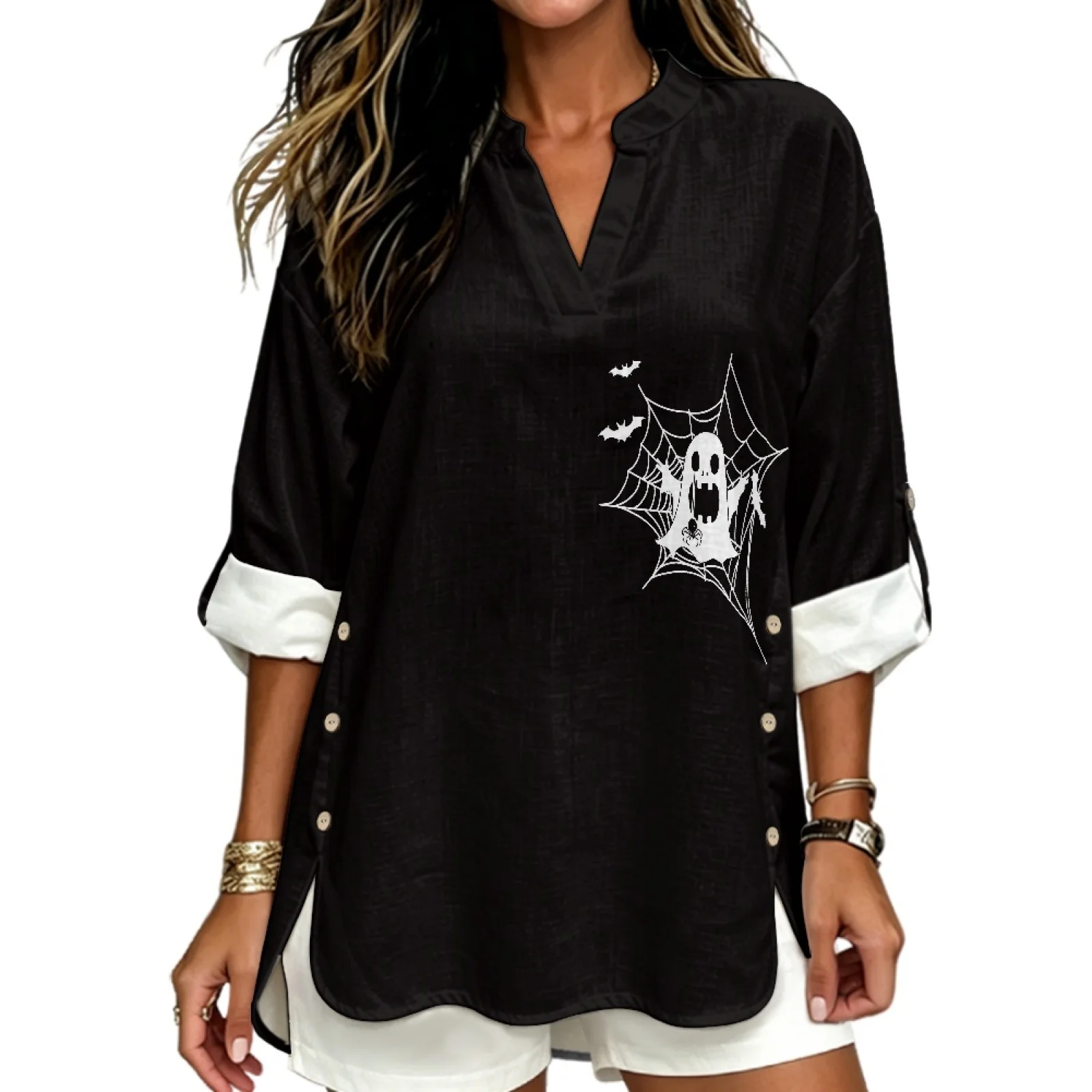PENSTROLL Ghost Spider Web Bat Linen Like V Neck Blouse Shirt Casual Fit Womens Long Sleeve Tops Tunic Shirts for Summer