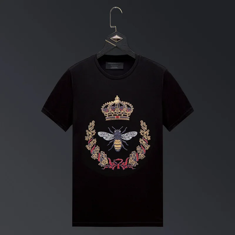 

2024 Bee Crown Rhinestones T Shirts Men Summer Fashion Streetwear Mercerized Cotton O Neck Short Sleeve Tshirts Camisa Masculina