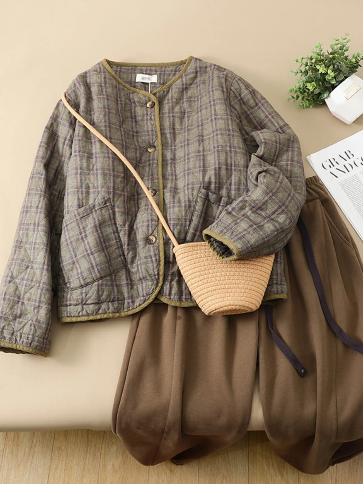 فضفاضة تناسب القطن الفانيلا البيسبول Jaet المرأة الخريف الشتاء الدفء Thiened الرجعية منقوشة القطن معطف ملابس خارجية