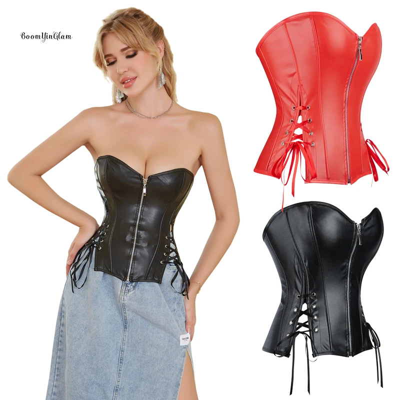 

Sexy Women Gothic Faux Leather Lace Up Corset Dress Steampunk Bustier Skirt Set Front Zipper Corselet Gorset XS-6XL