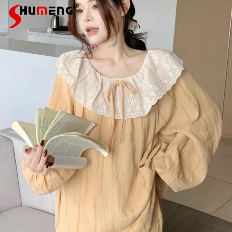 

Женские пижамы с длинными рукавами, осень-весна, корейское милое кружевное нижнее белье с рюшами, женский комплект домашней одежды из чистого хлопка и марли с круглым вырезом