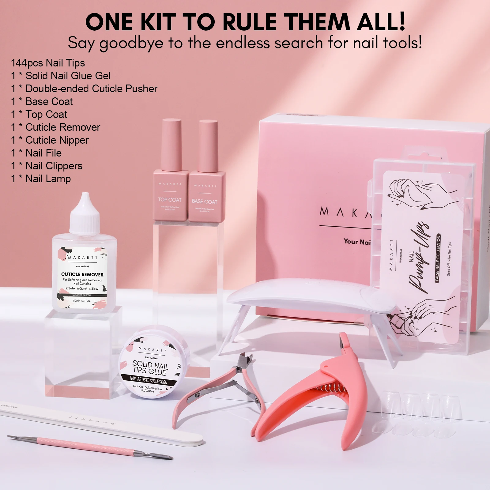 Makartt Nail Glue and Nail Tips kit ,Solid Nail Glue Gel 15ML with Almond & Coffin Pre-buffed Gel Fake Nails UV Nail Lamp