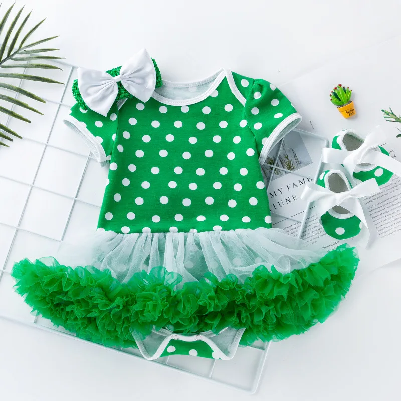 New St. Patrick's Cotton Polka Dot Short Sleeve Romper Dress Baby Green Mesh Princess Dress Children's Dress Set