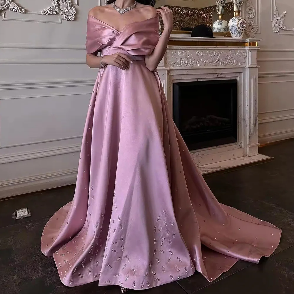 

Customized Exquisite Crystal Boat Neck Floor Length Evening Dress A-Line Satin Off The Shoulder Sweep Train Vestidos Para Mujer