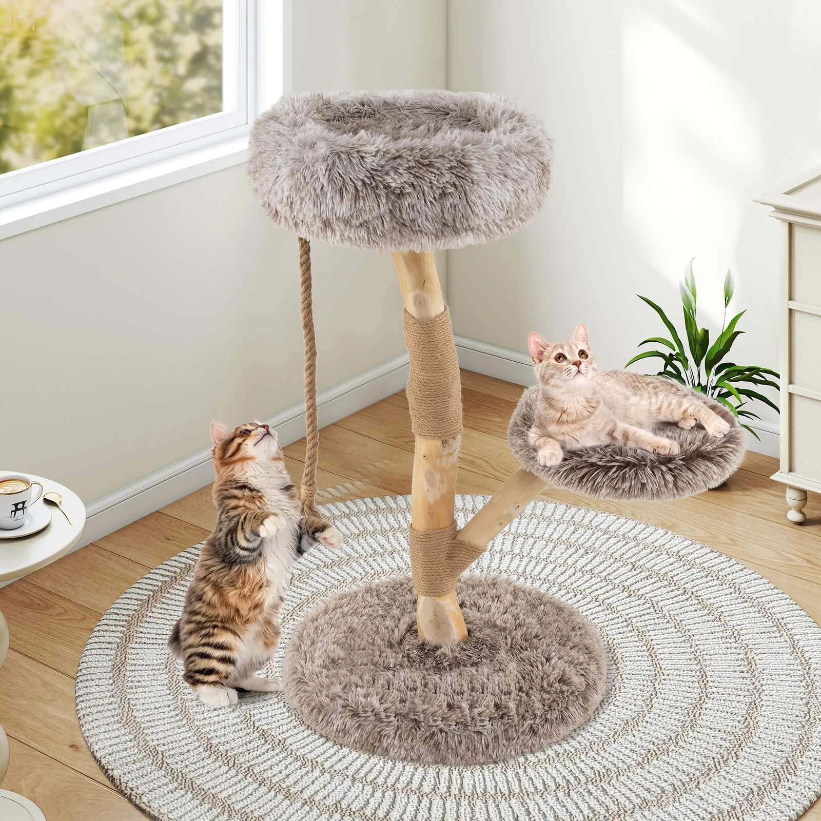Solid Wood Cat Tower Modern Cat Scratching Tree w/Luxurious Perch Teasing Rope