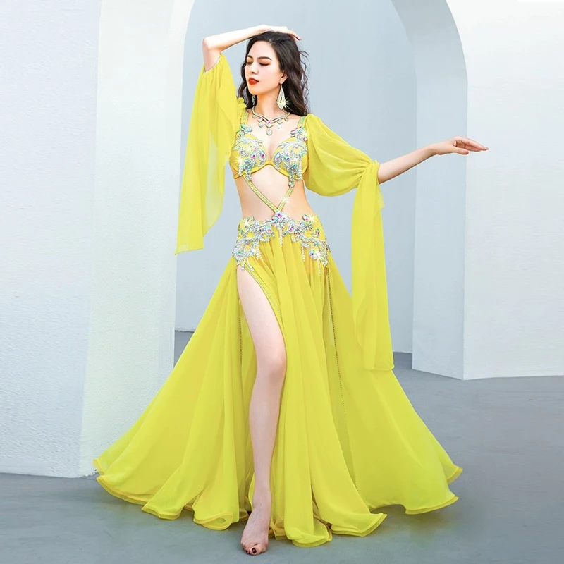 Belly Dance Suit Diamond-Studded Sling Bra Split Big Swing Skirt Performance Clothes Set Oriental Dancing Competition Clothing