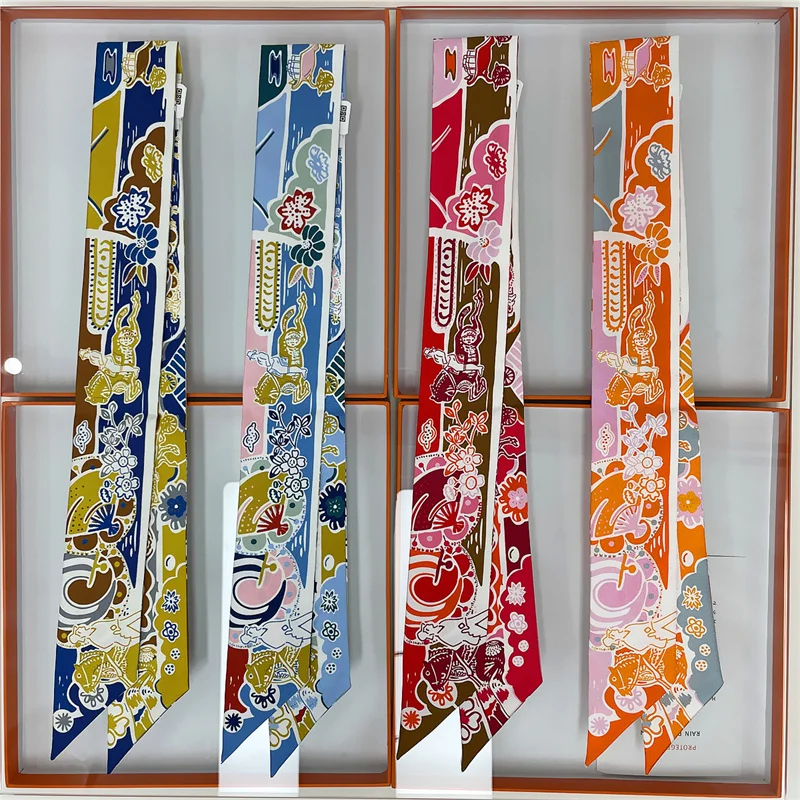 POBING Spain Print 18m/m Twill Silk Scarves Women Luxury Brand Scarf Bag Ribbons Tie Head Scarf Small Long Skinny Scarf 86*5CM