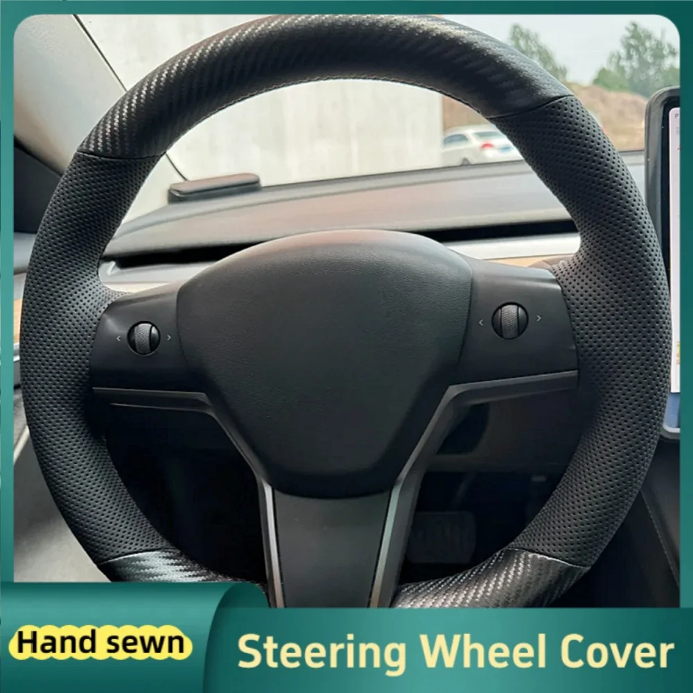 

Custom Car Steering Wheel Cover Hand Sewn Carbon Fiber Leather For Tesla Model 3 2015-2021 Model Y 2019-2021 Car Accessories