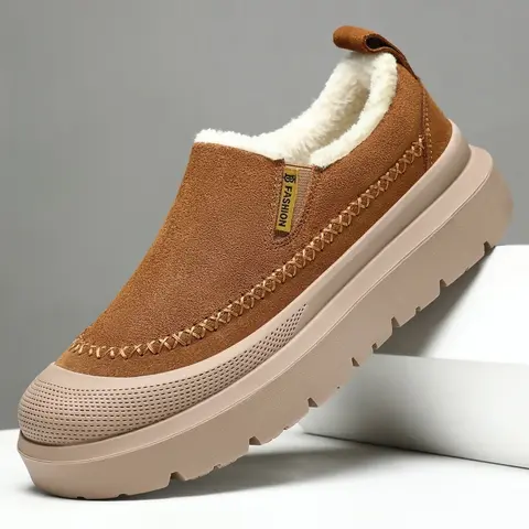 Men's Winter Fleece Lined Slip On Shoes Thick Platform Sole Warm Non-Slip Casual Loafers Outdoor Snow Cotton Shoes