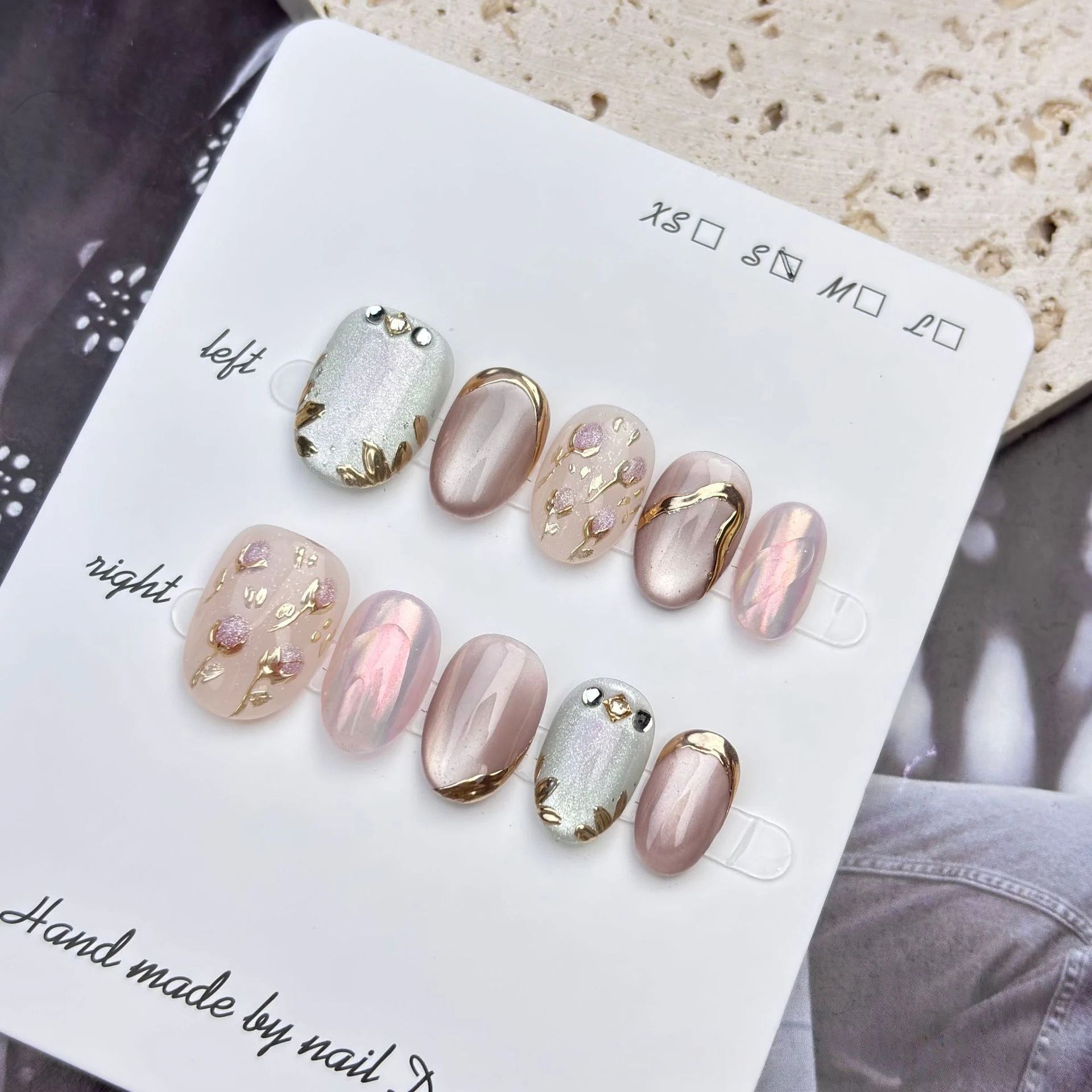 10pcs High-end Hand Painted Pink Cat's Eye Flowers Handmade Fake Nails, Pink Short Nail Decoration Patches For Girls