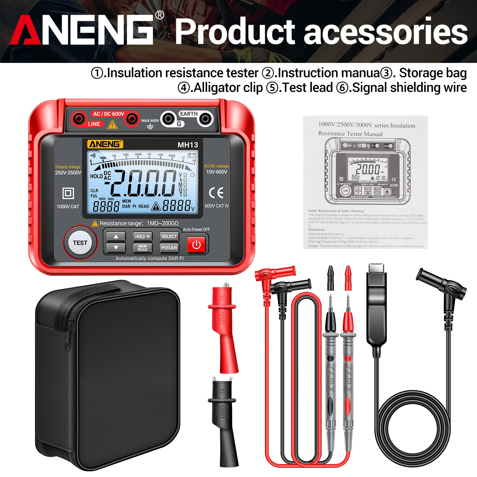 ANENG MH13 Digital Insulation Resistance Tester 2500V Megohmmeter 2000 Counts AC/DC Voltage Meter for Electrical Maintenance
