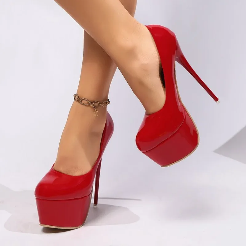 

2025 Women Party Disco Dance 16.5cm Platform Pumps Buckles Super High Thin Spike Heels Fashion Dress Party Red Big Size 43 44 45