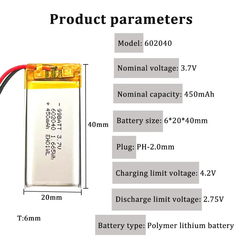 10 SZTUK BATERII 602040 3.7V 450mAh Polimerowe Litowo-Polimerowe Akumulatory LiPo do GPS MP3 MP4 MP5 Rejestratorów Samochodowych DVR Tachografów Słuchawek — zdjęcie produktu 5