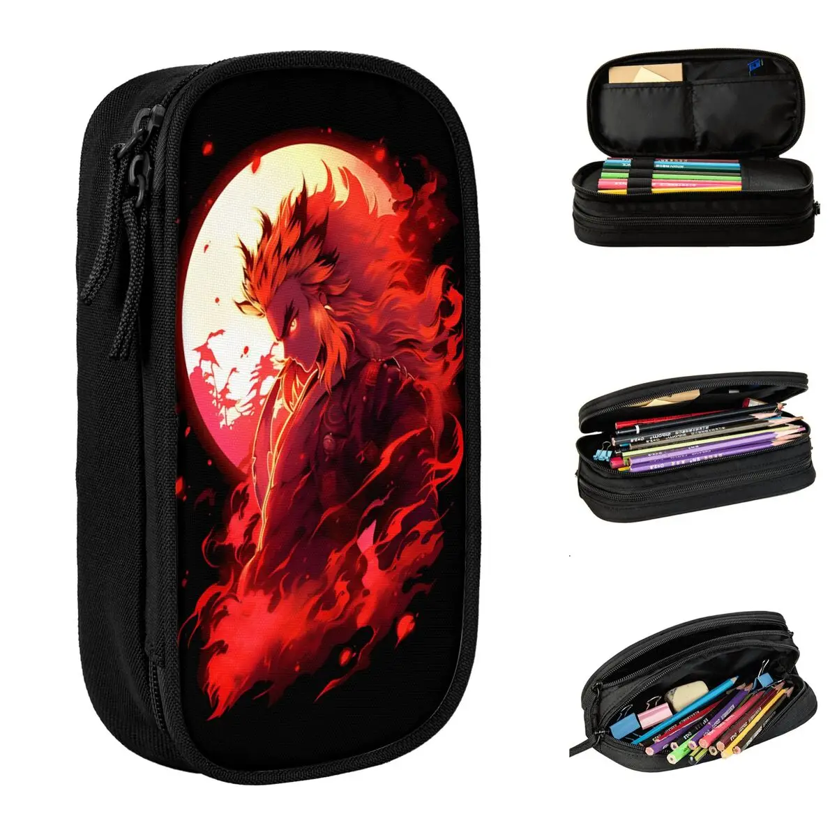 anime flame demon slayers pencil case pen box for kids bolsa de grande capacidade para estudantes papelaria escolar com ziper japones 01