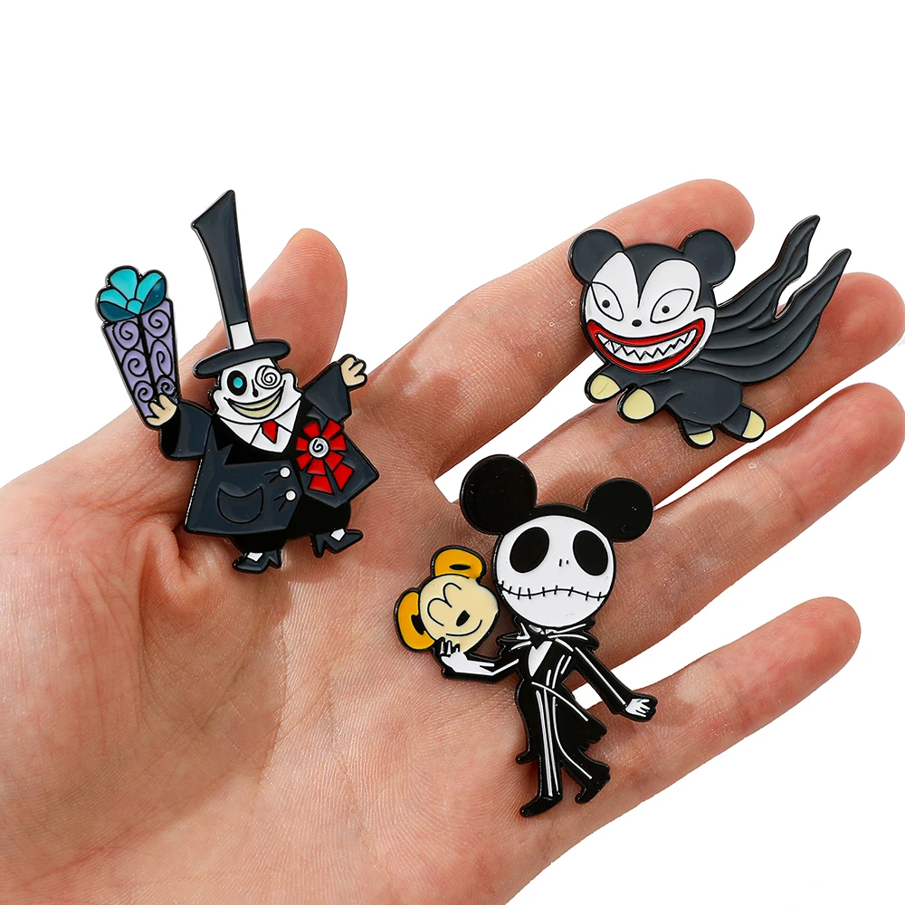 Broche de dibujos animados de pesadilla antes de Navidad, insignia de Metal, Pin de Mickey, esqueleto creativo, accesorios de joyería, regalo de Halloween, 3 piezas