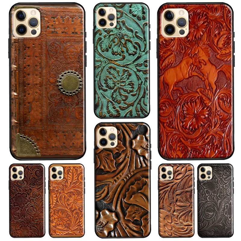 Brown Tooled Leather Pattern Soft TPU Cover For iPhone 13 12 Mini 11 14 Pro Max XS 6S 7 8 Plus 5S SE 2020 X XR Phone Case