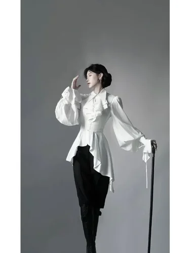Imagen 2 del producto Camisa gótica de manga larga Lolita para Mujer, Blusas elegantes simples blancas que combinan con todo, Blusas ajustadas para principios de otoño 2025, Blusas para Mujer
