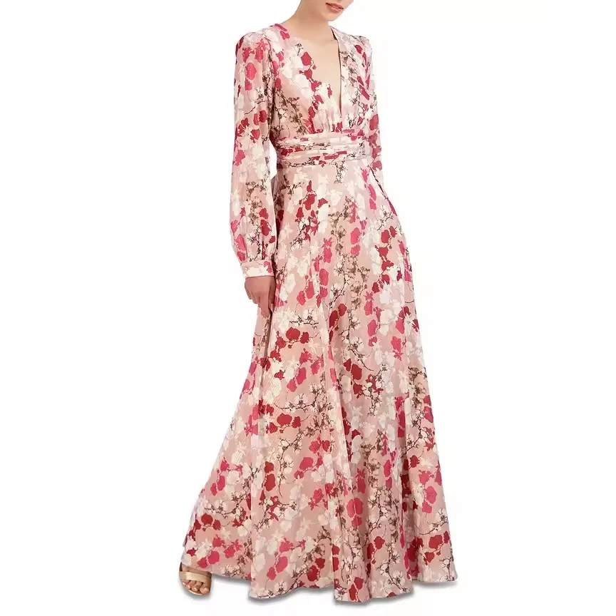 Beach Sexy Summer Breathable Waist Maxi Long Casual Dress V Neck Elegant Long Party Dresses Print Floral Long Sleeve Dress