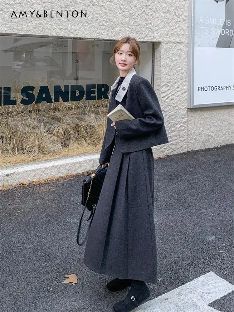 French Elegant Graceful Gray Woolen Suit Women Autumn Winter New Generous Fashion Patchwork Slim Professional Two-piece Set