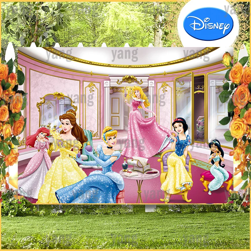 

Cartoon Romantic Disney Princess Snow White Jasmine Belle Cinderella Aurora Ariel Backdrop Birthday Party Photography Background