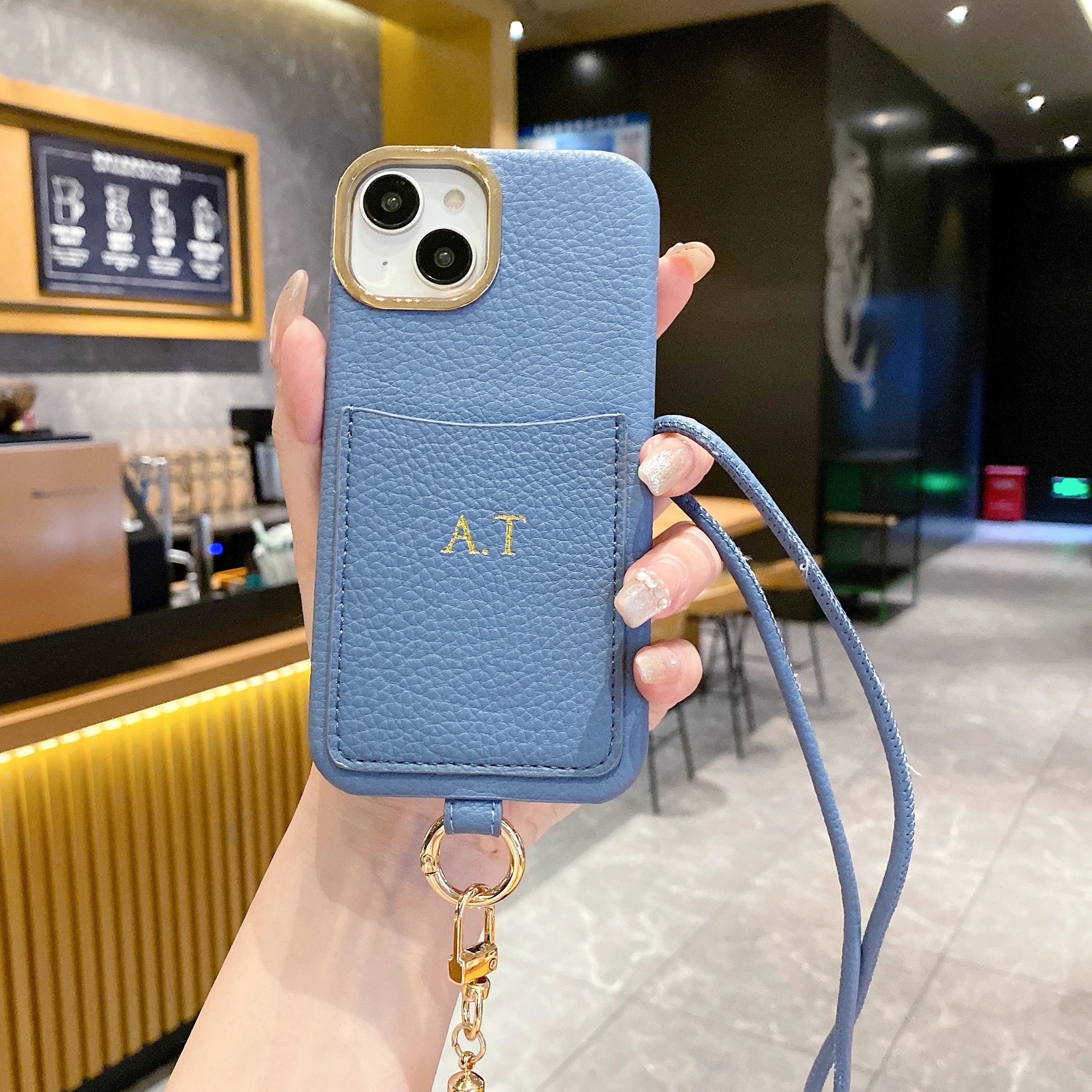 Customized Name Letter engraving Leather Phone Case CardHolder iPhone15 14 13 12 11ProMax 15Plus Crossbody Lanyard Cover Gold