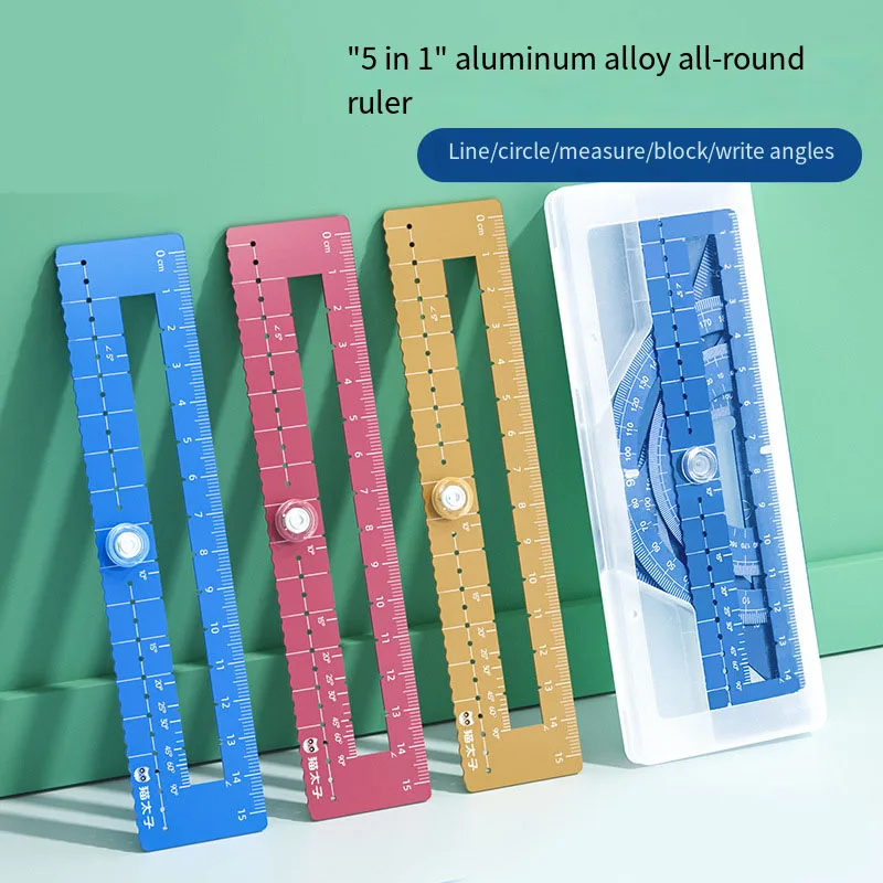 

set New Elementary School Student Triangle Ruler Multi-Functional Metal Protractor Ruler Suit Aluminum Alloy Universal Ruler