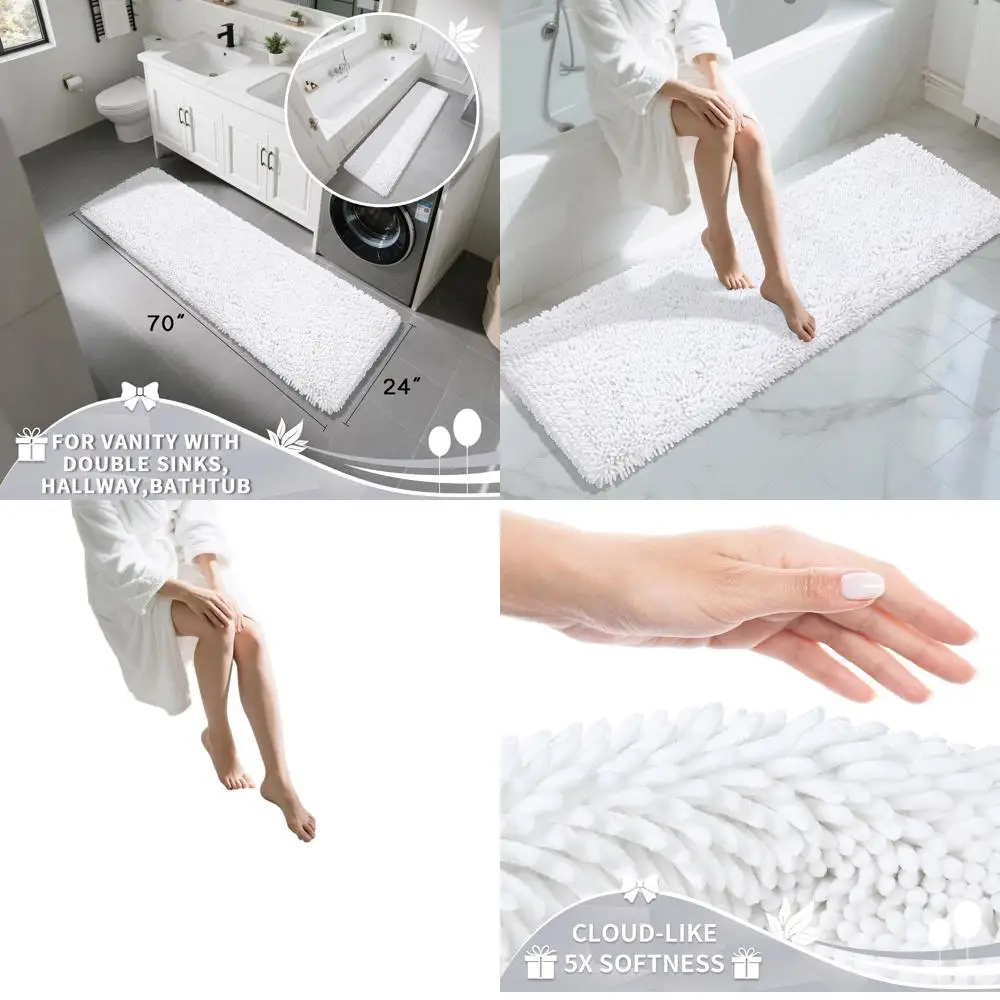

Thick Soft Absorbent 70x24 Inch Chenille Bath Runner Mat, Non-Slip and Machine Washable for Bathroom, Tub, Shower, White