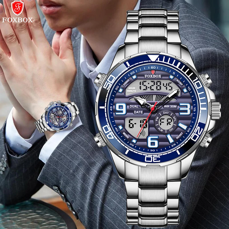 

LIGE Man Watch Top Brand Luxury Business Digital Dual Display Quart Watch For Men Waterproof Luminous Chronograph Wristwatch+Box