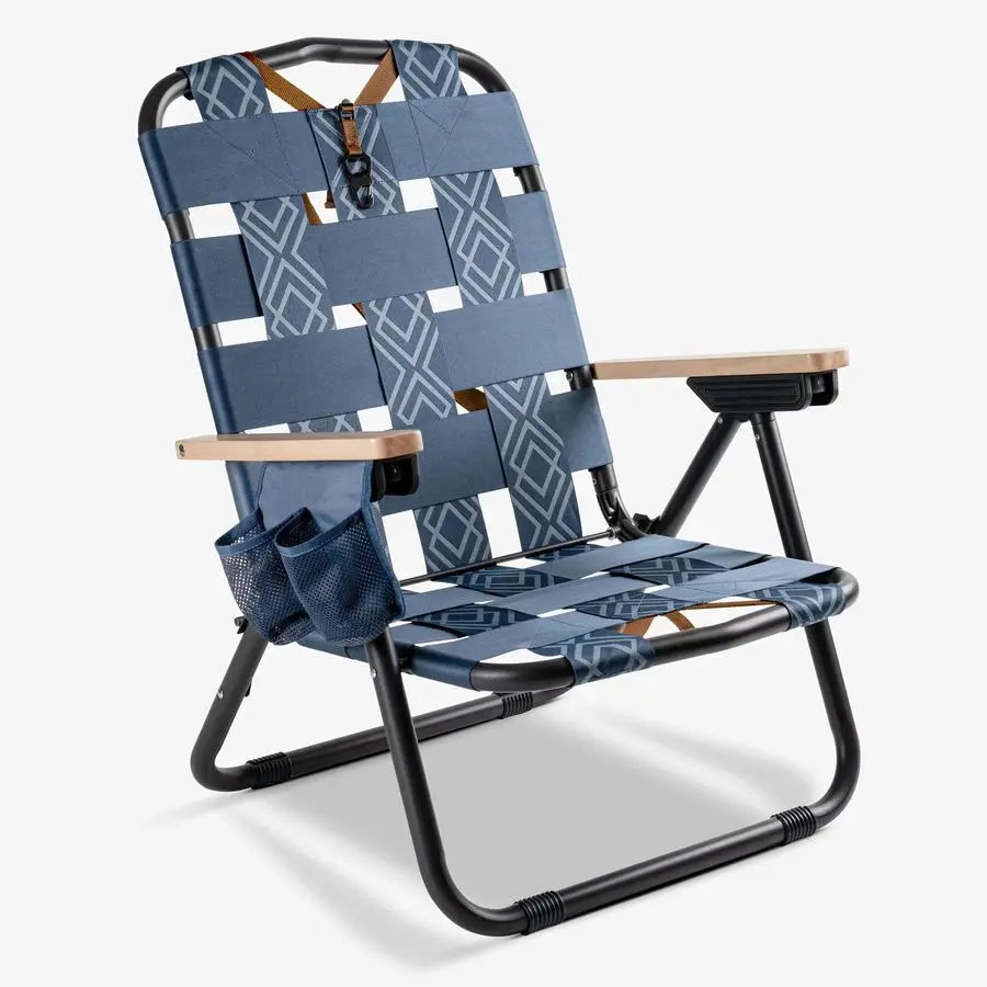 

Kove Twilight Blue Beach Camping Chair, Hands Free Carrying Strap Real Wood Handles amp 2 Cup Holders, Foldable Reclining Low Pr