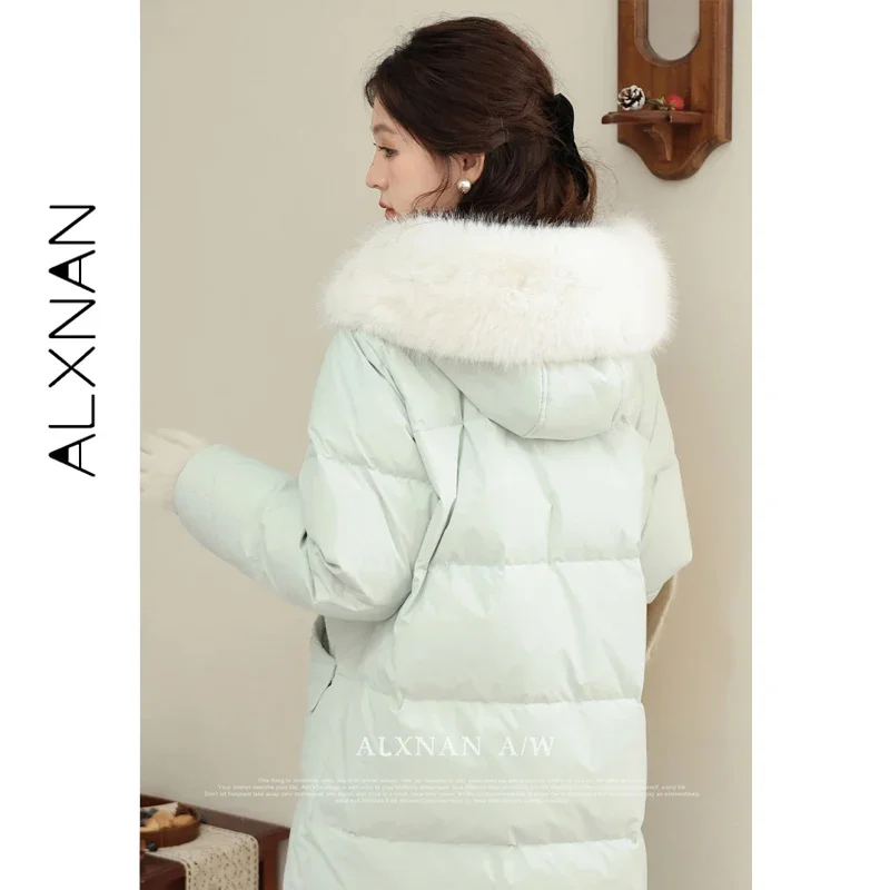 ALXNAN Light Green Down Jacket Women Thickened Warm Hooded Chic Buttons Loose-fit Coats 2026 Winter Long Jackets Female LXN32786