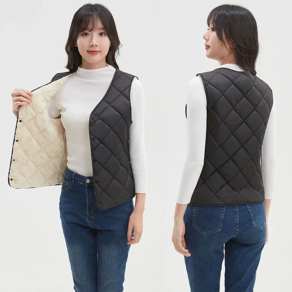 Autumn Winter New Women\'s Ultra-thin Cotton Vest Sleeveless V-neck Warm Padded Fleece Quilted Vest Diamond Pattern Coat M-4XL