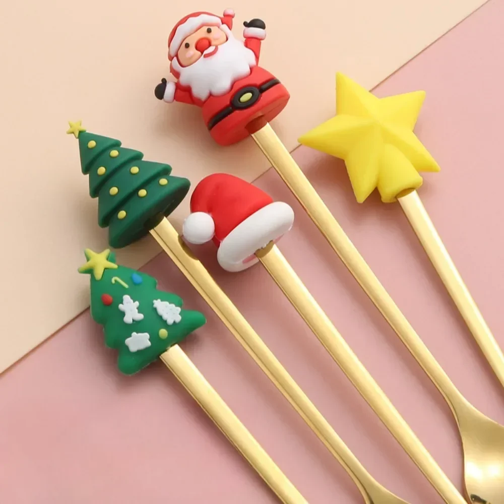 4PCS Christmas Gift Glod Silver Spoon Fork Set Elk Christmas Tree Decoration Dessert Scoop Fruit Fork Coffee Spoon Cutlery Set