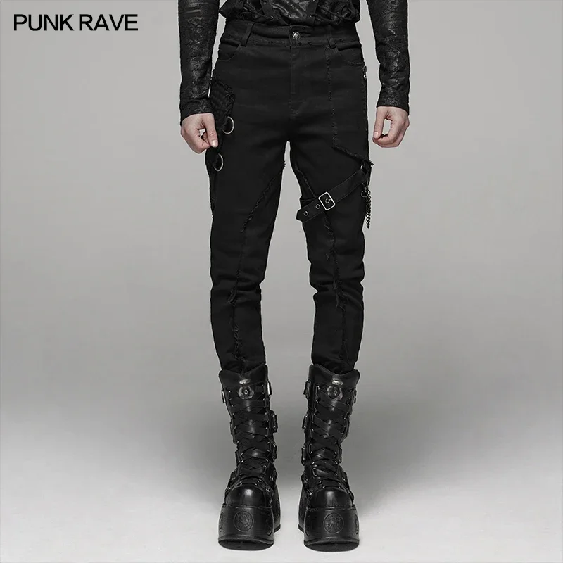 

PUNK RAVE Men's Punk Black Elastic Wash Long Pants Gothic Fashion Casual Motocycle Party Club Trousers Men Streetwear