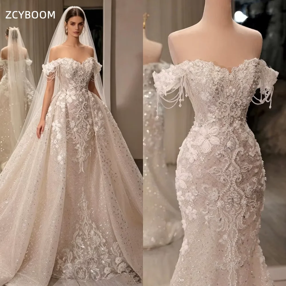 Customized Off the Shoulder Sweetheart A-line Bridal Gown Appliques Sequined Beading 2026 Wedding Dress Ivory Vestido De Noiva