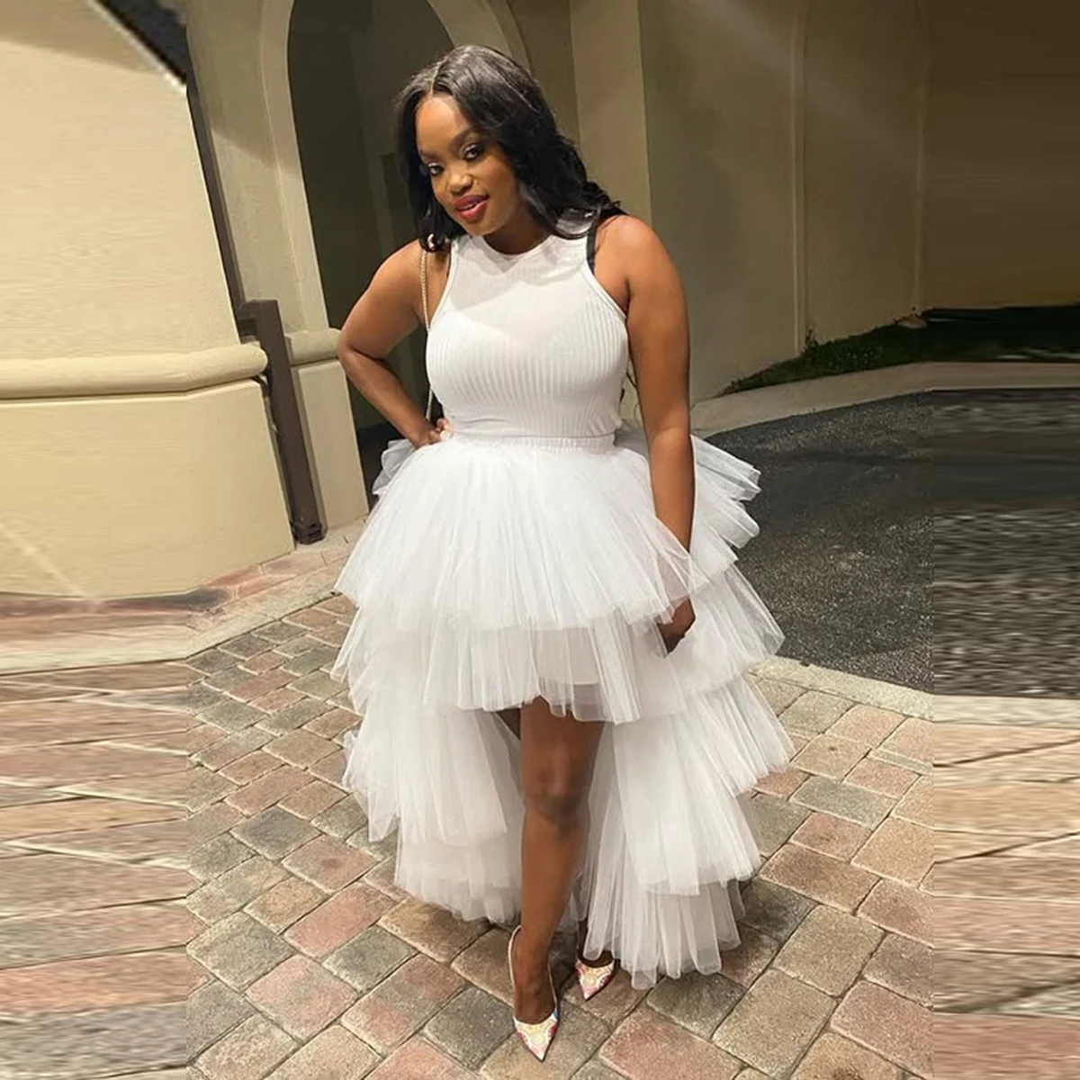 

Белая многоярусная юбка из фатина с асимметричным подолом, на резинке, длиной до середины икры, для вечеринок, на заказ, любого цвета и размера