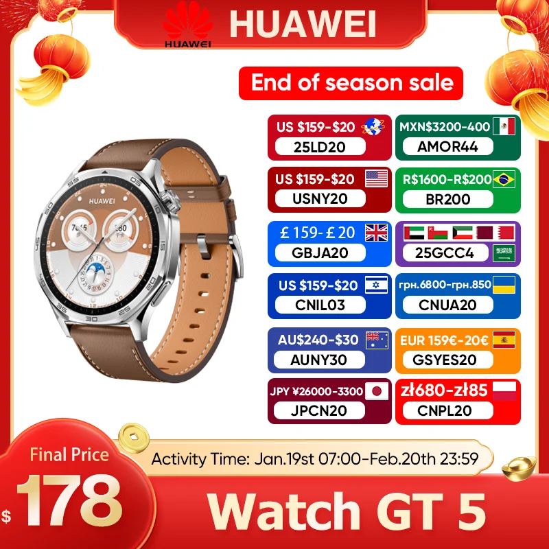 Умные часы HUAWEI Watch GT 5, глобальная версия, встроенная карта, повторное сообщение, совместимое с iOS и Android, 14-дневная работа от батареи