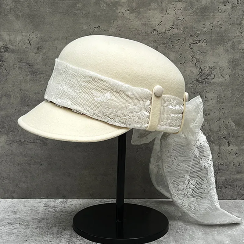 French Flat Top Mesh Lace 100% Wool Women Hat Elegant Hepburn Style Vintage bow equestrian Hat High Quality Felt Hat Femme Cap