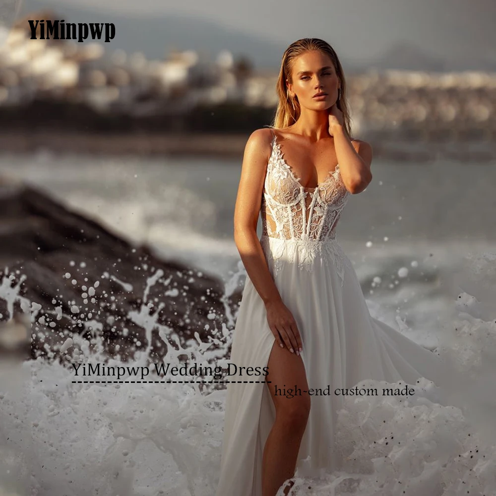 Vestidos de novia de playa con abertura lateral, apliques de gasa, vestidos de novia bohemios, vestidos de novia con espalda descubierta, tren de barrido personalizado