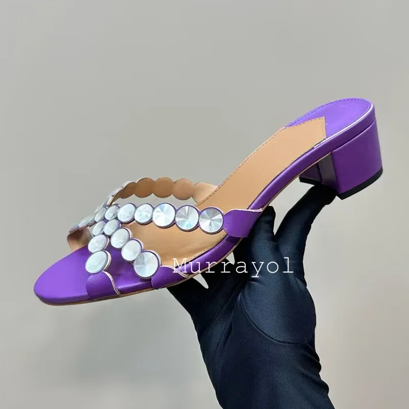 Rhinestone Decor Square Heels Slippers Women Open Toe Thin Band Cross Sandals Summer Sandy Beach Vacation Shoes Dress Shoes