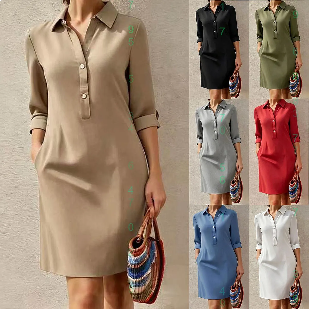 

Pure Color Shirt Dress with 3/4 Sleeves Loose Straight Shift Dresses for Women Spring Summer